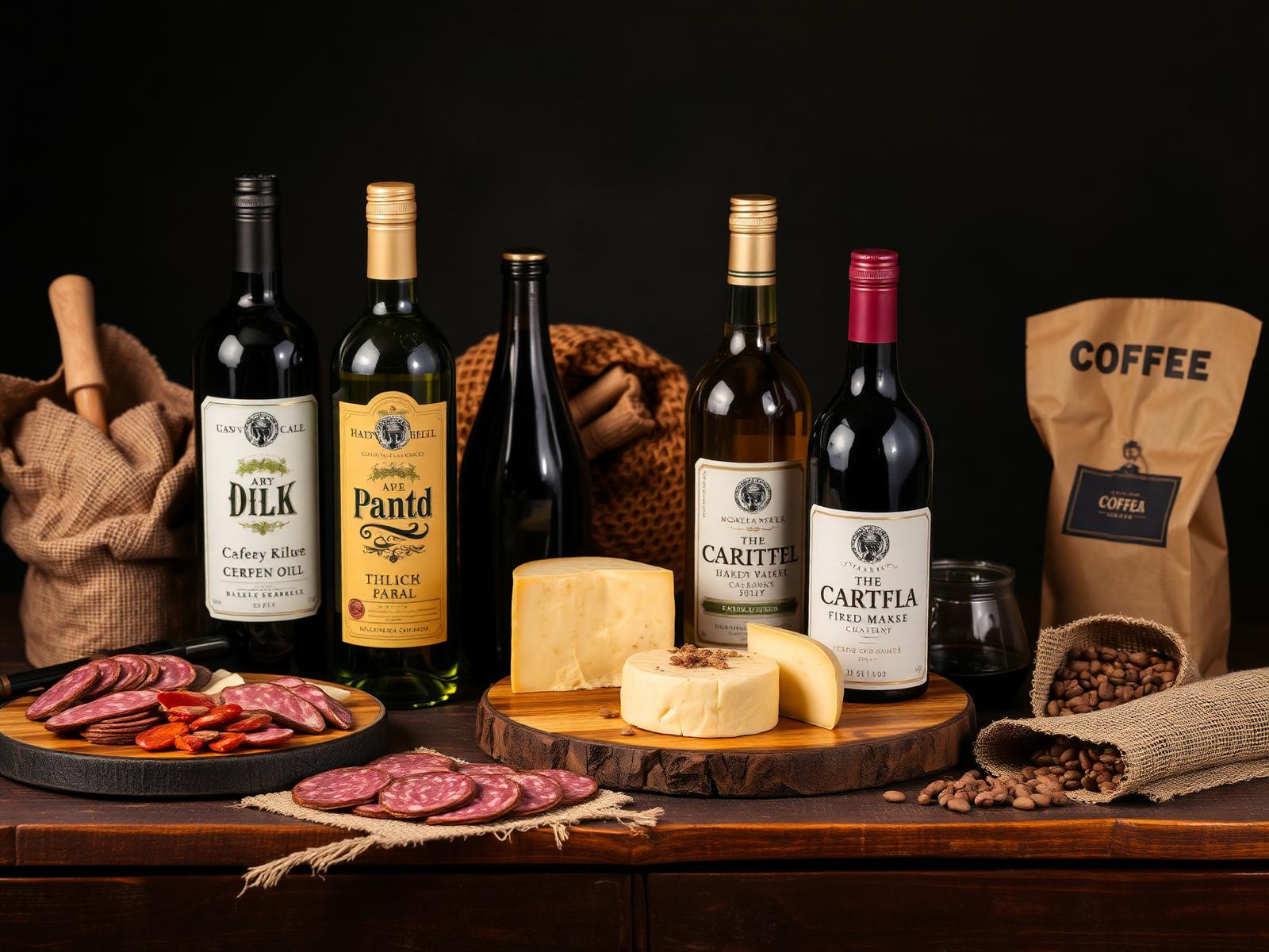 Seleção de alimentos e bebidas premium